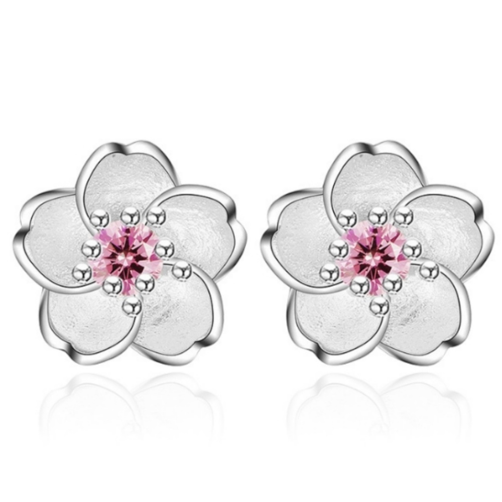 Flower Pendant Necklace Pink Gemstone Silver Set - Picture 4 of 7